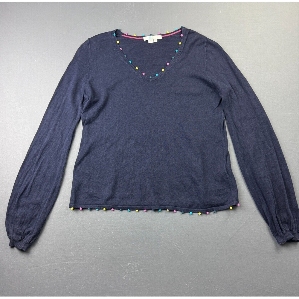 Boden Sweater Women's Small Blue V Neck Knit Pom Pom Trim Linen Boho Tunic